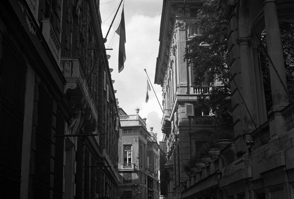 Stone buildings along a street