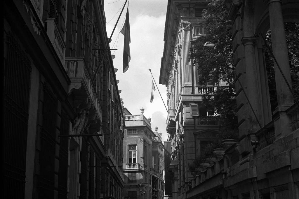 Stone buildings along a street